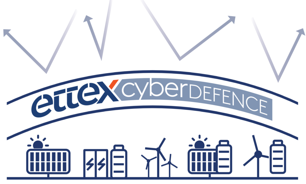 ettex cyberdefence logo showing symbols for PV, BESS and Wind energy farms being protected by ettex cyberdefence